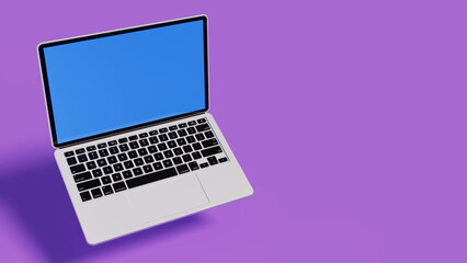 3d rendering of laptop in the air over purple stage, blue colored screen