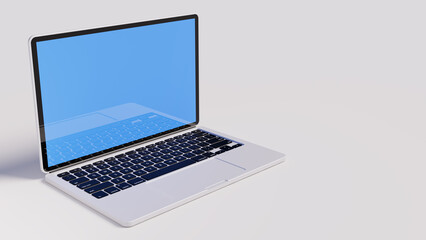 Silver colored laptop with black keyboard on white stage, 3d rendering