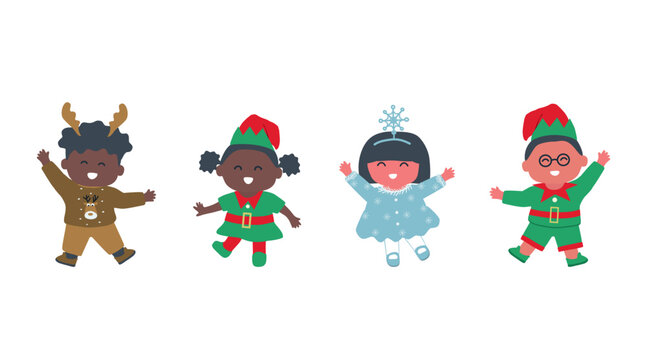 Christmas kids party. Cute children in Christmas costumes dance. Christmas tree, Elfs, Snowflake and Deer in the image. Vector illustration