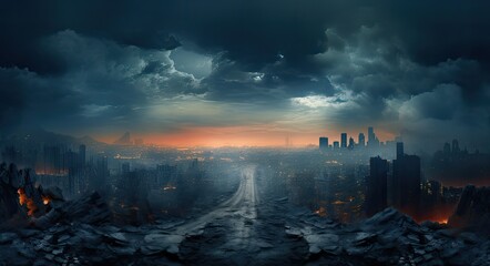 Road to the destroyed futuristic city. Concept of  post-war damage.  - obrazy, fototapety, plakaty