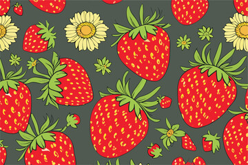 Vector background with red berries and yellow flowers 
of strawberries.