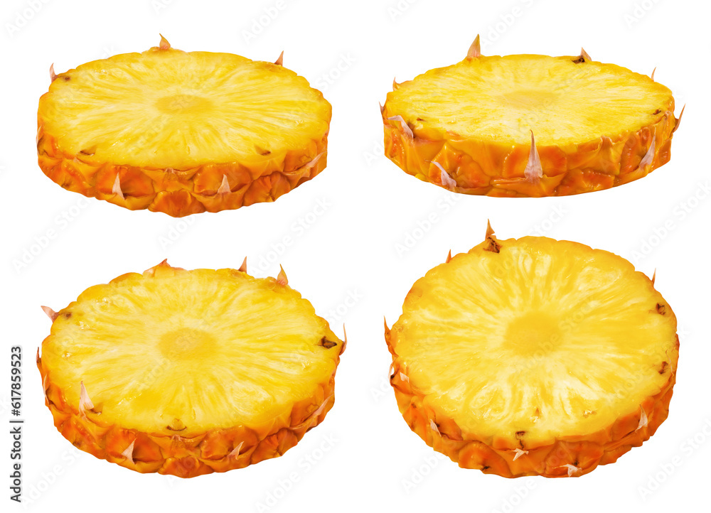 Wall mural pineapple isolated set. collection of ripe pineapple slices in different angles on a transparent bac