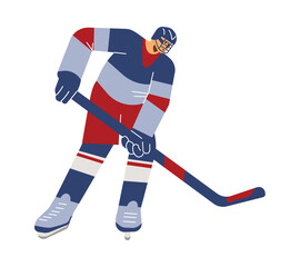 Vector isolated illustration of Olympic Winter Game, Cartoon line art hockey player with brassy on the ice in red and blue colors - obrazy, fototapety, plakaty
