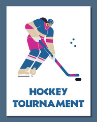 Poster or vertical banner with young woman playing hockey flat style