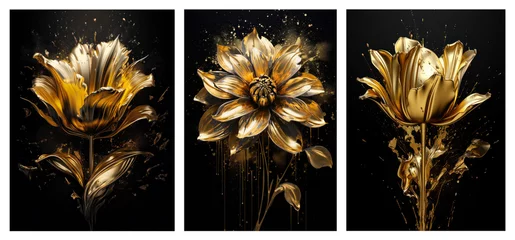 Photo sur Plexiglas Photographie macro Set of Golden  flowers with paint splatter on black. Flower Art painting for wall frames. Ai generative.  