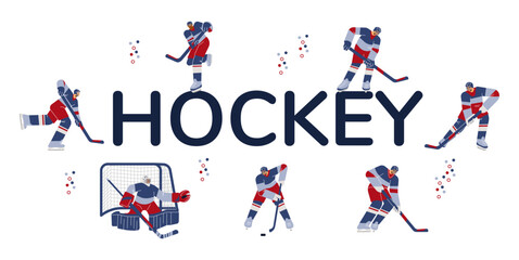 Vector set isolated cartoon illustrations of hockey player, goalie, goalkeeper, hockey player picks up the puck with hockey stick - obrazy, fototapety, plakaty