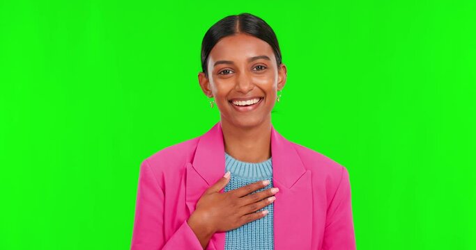 Green screen, hands and thank you by Indian woman in studio with smile and hand on chest on background. Signing, communication and portrait with gratitude, symbol or sign language for a deaf person