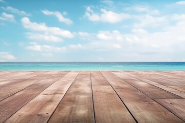 Fototapeta na wymiar Wooden board empty table in front of blue sea & sky background. perspective wood floor over sea and sky photography