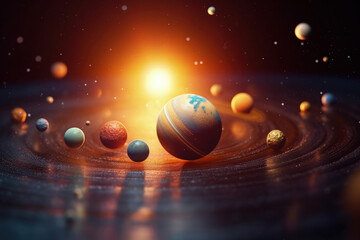 Celestial Symphony: A captivating visual of the solar system, with planets orbiting a radiant star, evoking the vastness and mystery of space. 