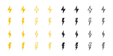 Lightning icons set. Yellow and black lightning icons. Vector scalable graphics