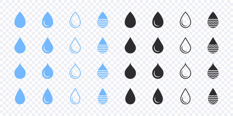 Water drops icons set. Blue and black water drops icons. Vector scalable graphics