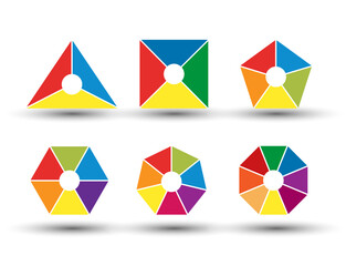 set of segmented diagrams with 3, 4, 5, 6, 7 and 8 parts of different shapes and configurations.