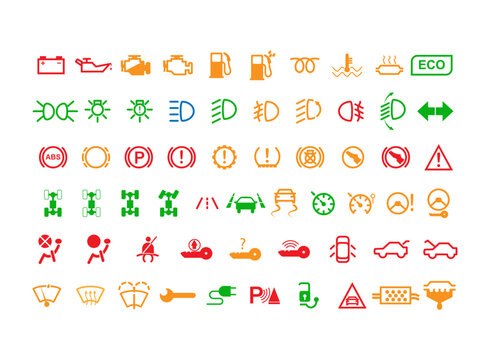 Set of 60 characters for the car dashboard, the visualization of the control systems of the car