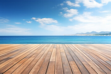 Fototapeta na wymiar Wooden board empty table in front of blue sea & sky background. perspective wood floor over sea and sky photography