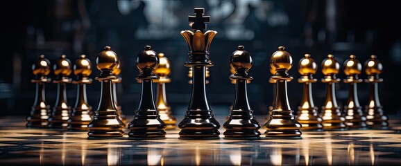black and gold chess pieces in row over a chess board