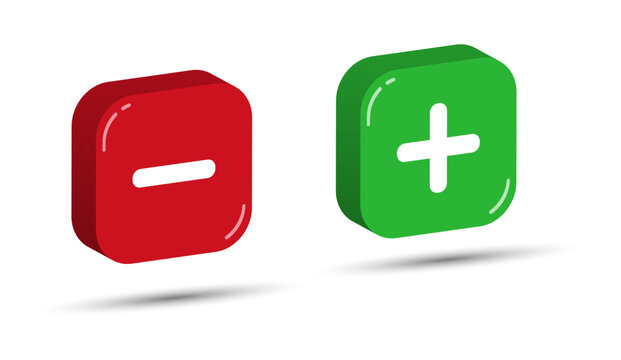 Red and green three-dimensional square buttons with plus and minus symbols