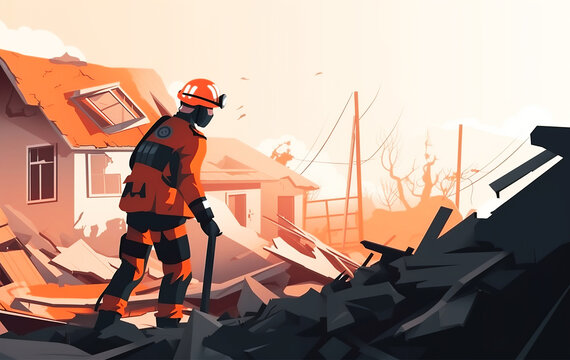 Illustration Of Rescue Service Man In Helmet Clears Rubble Of House After Natural Disaster. Generative AI.