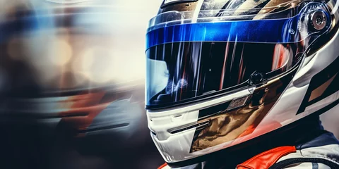 Poster formula one racer in a helmet, close-up. ai generative © Oleksandr