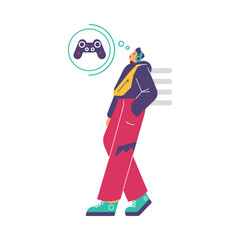 Man walking and dreaming about console game playing, flat vector illustration isolated on white background.
