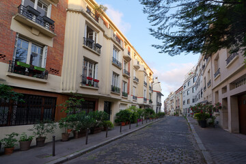 Fototapeta na wymiar Cobbled street on the Butte Bergeyre in Paris city