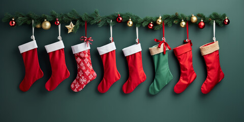 hanging red christmas stockings filled with gifts, copyspace, green background. ai generative - obrazy, fototapety, plakaty