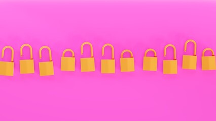 Pink stage with yellow padlocks, safety and security theme, horizontal
