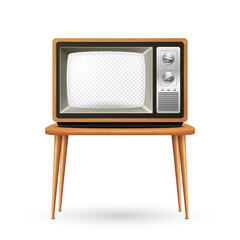 Vector Retro TV Receiver with Wooden Frame and Transparent Screen, Isolated. Home Interior Design Concept. Vintage TV Frame Design Template, Border. Television Concept. TV Set in Front View