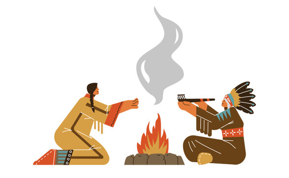 Native American Indian shaman with ceremonial pipe sitting by fire, flat vector illustration isolated on white.