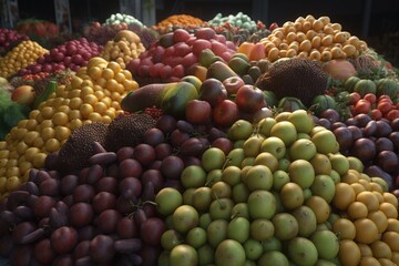 Naklejka na ściany i meble A stack of colorful fruit and vegetables at a farmer's market, Generative AI