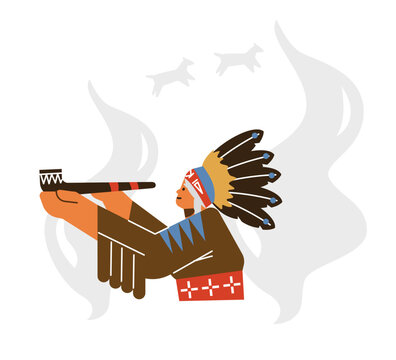 Native american old tribal woman smoking a pipe in traditional Indian dress and feathers on head, Vector illustration