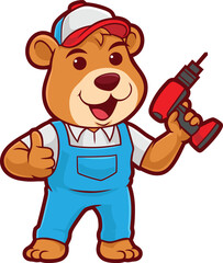 Bear Cartoon Handyman Holding Drill
