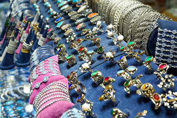 Showcase for sales of jewelry and bijouterie on Istanbul grand bazaar marketplace. Rings, earrings,...