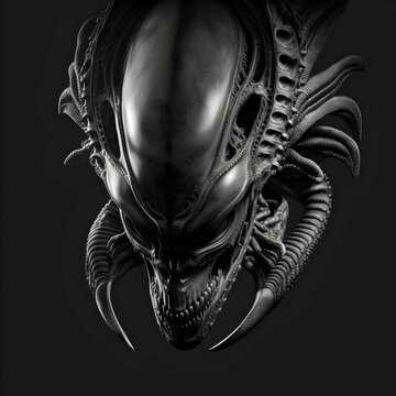 xenomorph head front on black and grey photograph 