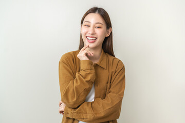 Smile positive, attractive asian young woman wearing casual, portrait of beautiful brunette her with long hair, feeling happy looking at camera, standing cross arms chest isolated on white background.