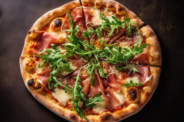 Truffle Pizza Topped With Prosciutto, Arugula, And Shaved Parmesan. Generative AI