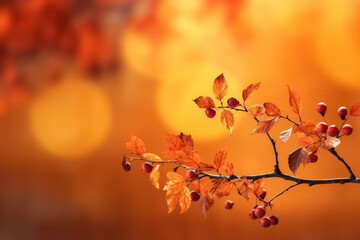 Autumn Tree Branches On Defocused Orange Background. Empty Space For Text. Generative AI