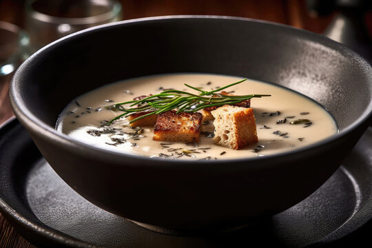 Truffle And Wild Mushroom Soup Garnished With Chives. Generative AI