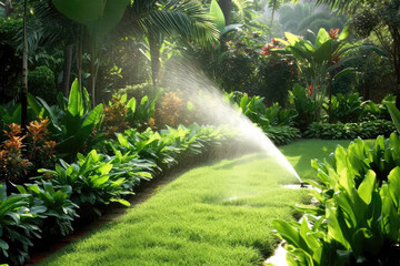 Lush Green Garden Being Watered Using Drip Irrigation System. Generative AI