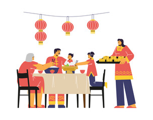 Chinese family at reunion dinner celebrate mid autumn festival, flat vector illustration isolated on white background.