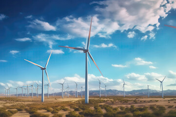 Panoramic Shot Of Vast Wind Turbine Array. Generative AI