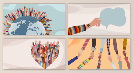 Volunteer people group concept flyer brochure poster editable template.Multicultural people with hands raised around the earth. People diversity. NGO Aid concept. Solidarity.Heart shape