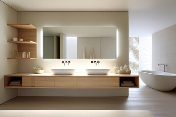 Fototapeta na wymiar Minimalist Bathroom With Floating Vanity And Modern Fixtures Contemporary Interior Design. Generative AI