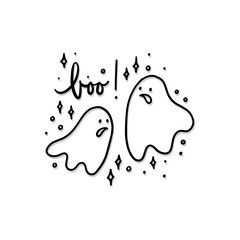 seasonal monochrome linear cartoon halloween illustration with scary ghosts silhouettes isolated on white background for card poster centerpiece sticker - 617863145