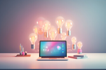 Laptop, light bulbs and office stationery in mess against the backdrop of pink smoke. Surreal abstract technology in pink and blue colors. Overwhelmed with work, work burnout. Generative Ai content