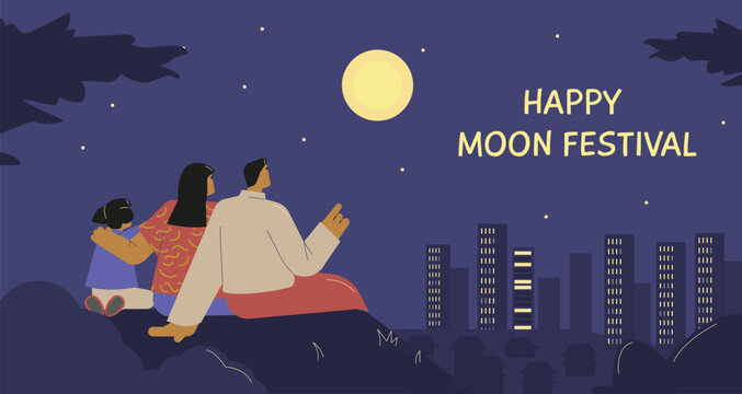 Vector cartoon landscape illustration Asian family watching the full moon at night on Happy moon festival with lettering