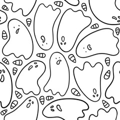 seasonal monochrome linear cartoon halloween seamless pattern with scary ghosts and corn seeds silhouettes isolated on white background for paper wallpaper web  - 617863363