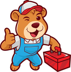 Bear Cartoon Handyman Holding Toolbox