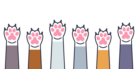 Set of cute cat paws with claws in vector. Cat paws with claws in different colors in flat linear style. Cute cat paw icons. - obrazy, fototapety, plakaty