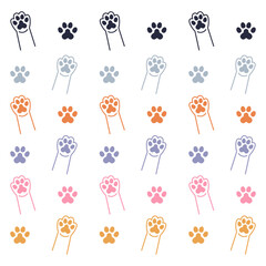 Multicolored pattern of cute cat paws in a linear style. Flat cat paws pattern. Vector icons of cat paws in vector.