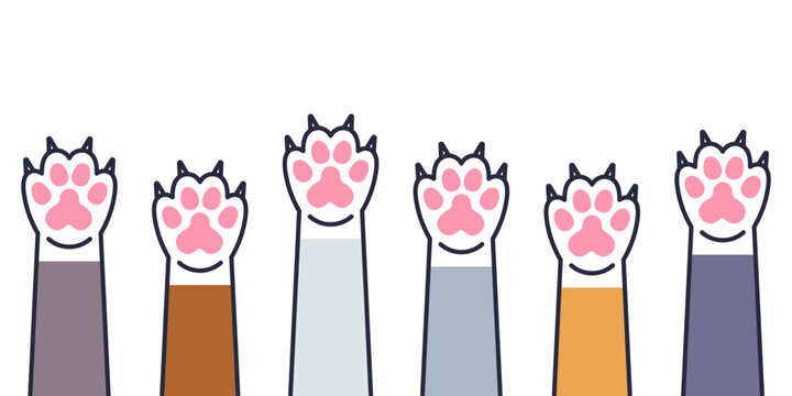 Set of cute cat paws with claws in vector. Cat paws with claws in different colors in flat linear style. Cute cat paw icons.